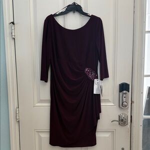 Alex Evenings Wine Long Sleeve Draped Dress with Beaded Waist